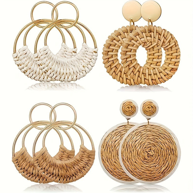 4 Pairs Women's Bohemian Handcrafted Raffia Earrings - Lightweight Earth-Tone Hoops & Dangle Earrings with Beads, All-Season Versatile Accessories for Daily Wear, Travel, Mother’s Day Gifts, Travel Jewelry, Minimalist Jewelry