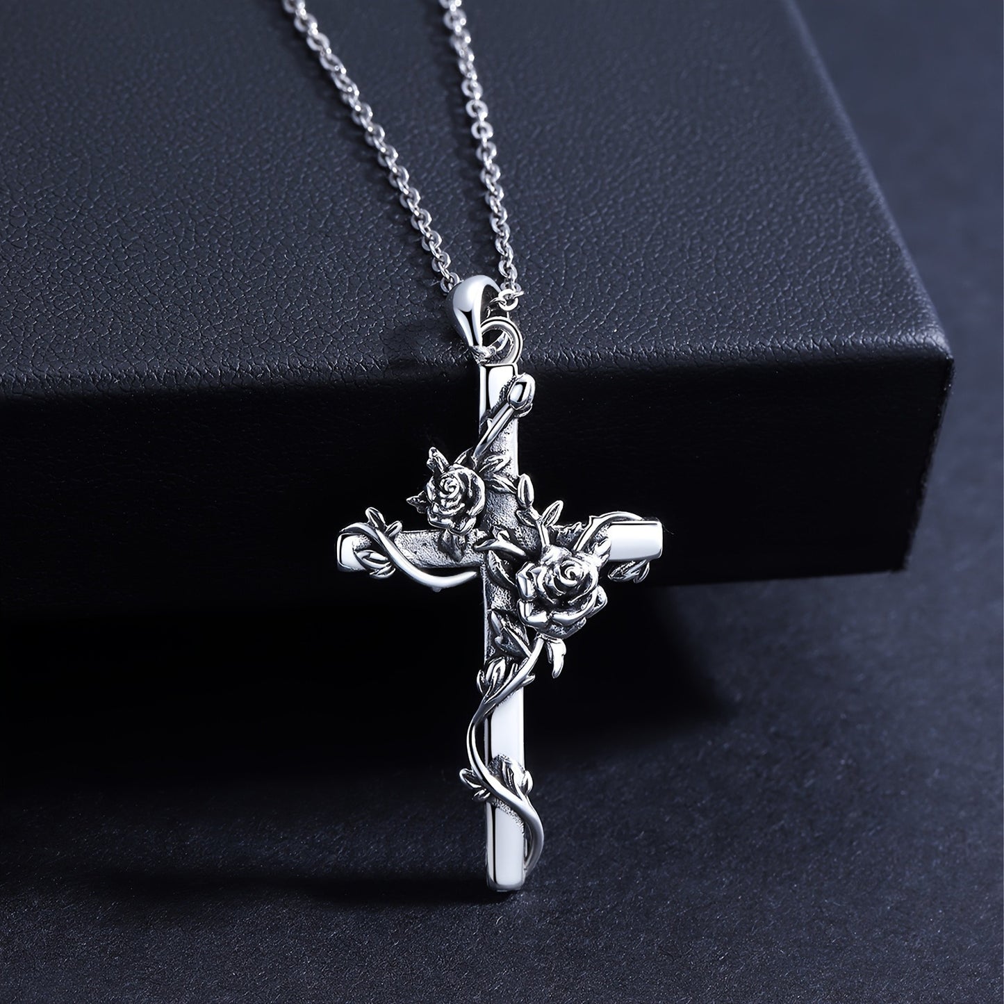 925 Sterling Silvery Rose Crose Pendant Cross Necklace for Women