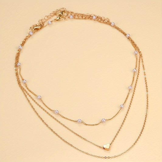 18K Gold Plated Layered Necklace Set with Heart-Shaped Pendant and Imitation Pearl Accents, Ideal for Casual Attire and Holiday Parties, Exquisite, Details, Bohemia Style, Y2K Style