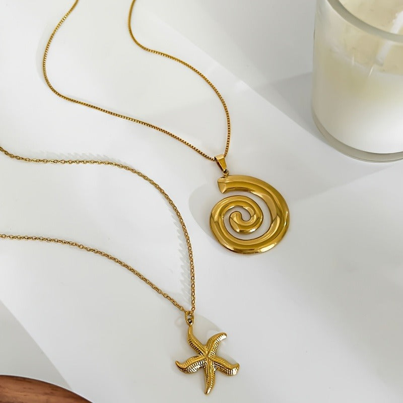 18K Golden-Plated Stainless Steel Starfish & Conch Pendant Necklace - Bohemian Style, Waterproof, Ideal for Daily Wear, All-Season Accessory, Bohemian Jewelry|Elegant Accessory|Durable Allo