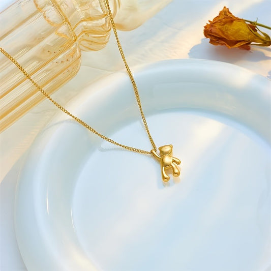 Elegant Gold-Plated Stainless Steel Waving Bear Necklace - Cute French Vintage Style, Minimalist Charm for Daily Wear & Parties