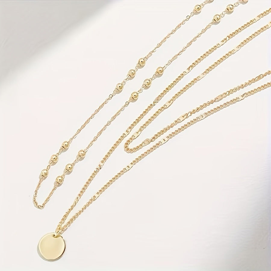 A Set Of 3 Retro Fashion Multi-layer Stacked Round Pendant Women's Necklace Sets