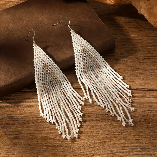 White Beads Tassel Dangle Earrings Bohemian Vacation Style Trendy Holiday Ear Ornaments Female Earrings