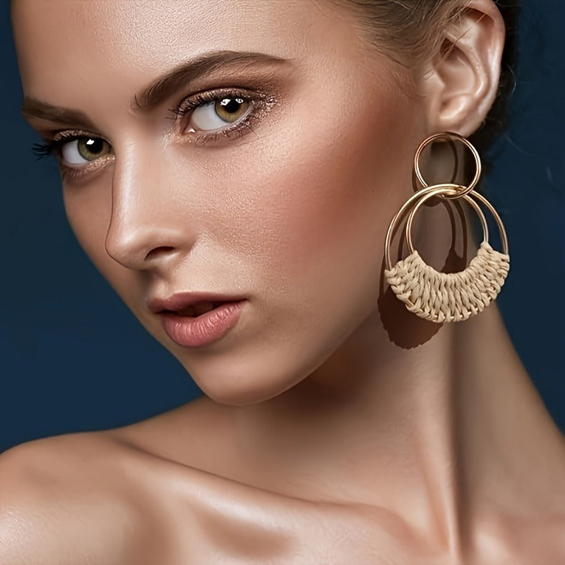 4 Pairs Women's Bohemian Handcrafted Raffia Earrings - Lightweight Earth-Tone Hoops & Dangle Earrings with Beads, All-Season Versatile Accessories for Daily Wear, Travel, Mother’s Day Gifts, Travel Jewelry, Minimalist Jewelry