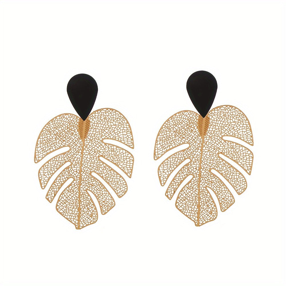 1 Pair Vintage Elegant Leaf Design Zinc Alloy Earrings with Stainless Steel Post, Waterdrop Cut-out Metal Dangle Earrings for Daily and Gift Occasions - All Seasons Jewelry