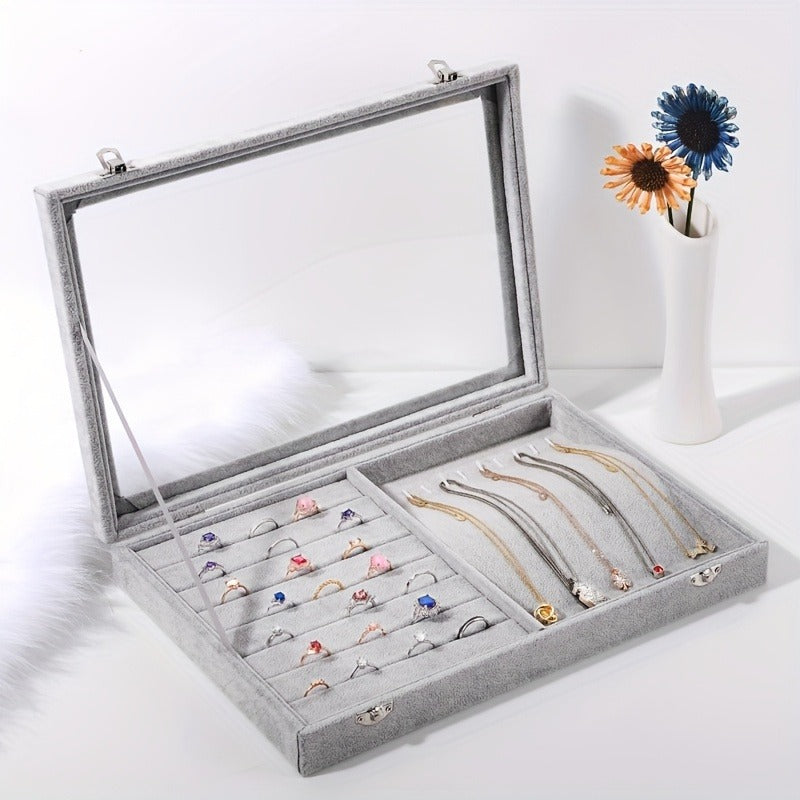 1pc Artistic Polyester Jewelry Organizer Box with Detachable Tray and Clear Glass Lid - Independent, Power-Free, Under 3.2 Cubic Feet Capacity, Necklace, Ring, Earring, Bracelet Display Case