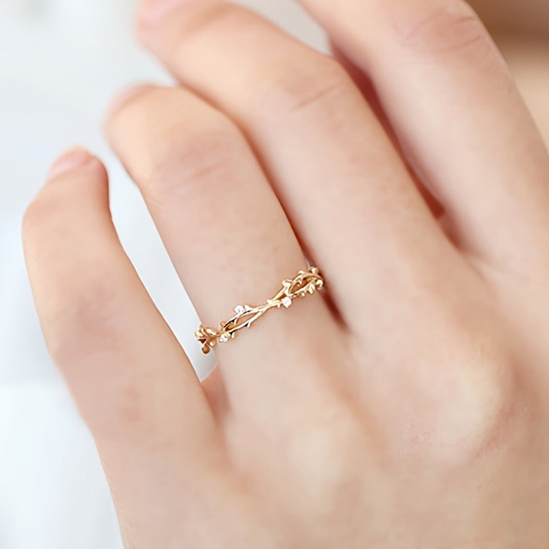 S925 Sterling Silver Gold-plated Ring For Women, Japanese Style, Korean Style, Simple, Light Luxury, Elegant Temperament, Fashionable, Retro, Delicate Branches, Forest Style, Literary And Sweet French Style