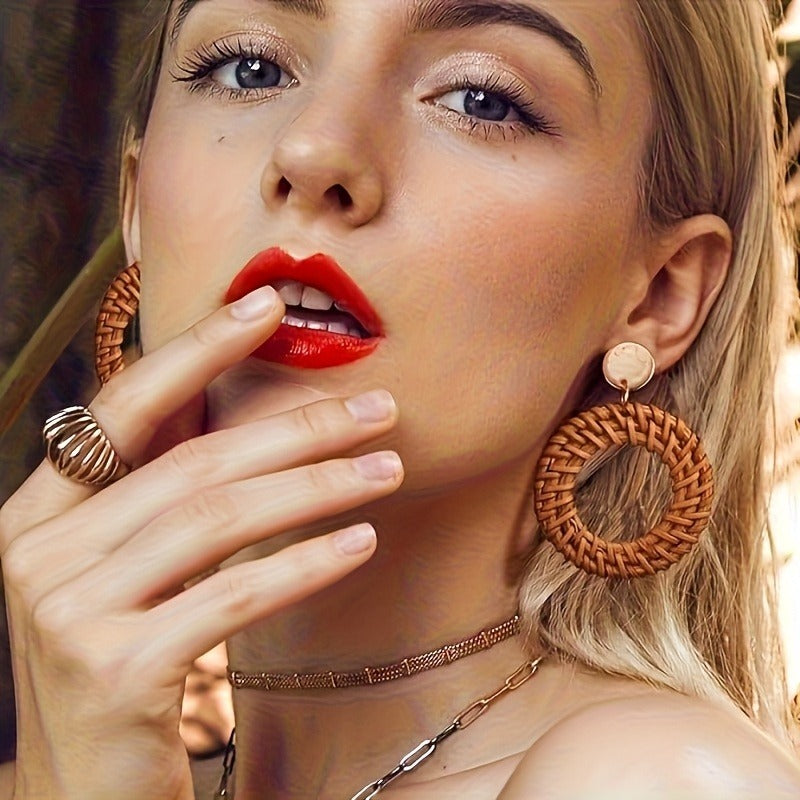4 Pairs Women's Bohemian Handcrafted Raffia Earrings - Lightweight Earth-Tone Hoops & Dangle Earrings with Beads, All-Season Versatile Accessories for Daily Wear, Travel, Mother’s Day Gifts, Travel Jewelry, Minimalist Jewelry