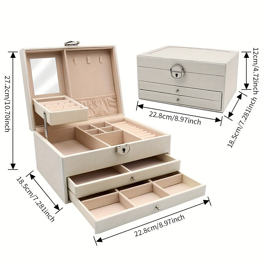1pc Luxurious Faux Leather Jewelry Box - 3-Layer Organizer with Drawers for Earrings, Rings, Necklaces & Accessories - Elegant Display for Home Organization, Ideal Gift for Girlfriend, Bedroom, Dresser, Vanity