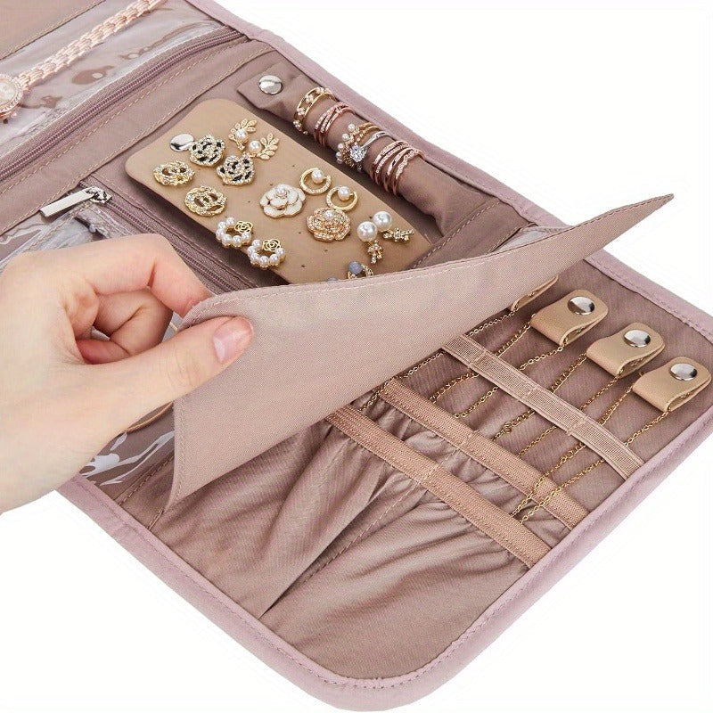 1pc Travel Jewelry Storage Box, Folding Jewelry Storage Roll Storage Bag For Necklaces, Earrings, Rings, Bracelets, Pins, Brooches, Etc., Jewelry Bag Storage Roll, Portable Travel Essentials, Jewelry Rolls