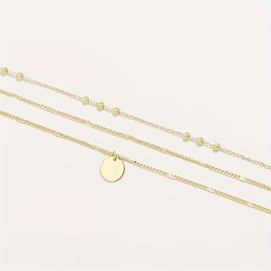 A Set Of 3 Retro Fashion Multi-layer Stacked Round Pendant Women's Necklace Sets