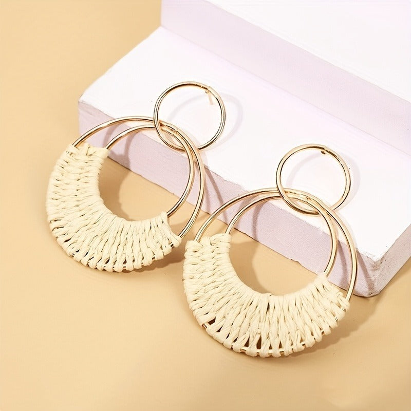 4 Pairs Women's Bohemian Handcrafted Raffia Earrings - Lightweight Earth-Tone Hoops & Dangle Earrings with Beads, All-Season Versatile Accessories for Daily Wear, Travel, Mother’s Day Gifts, Travel Jewelry, Minimalist Jewelry