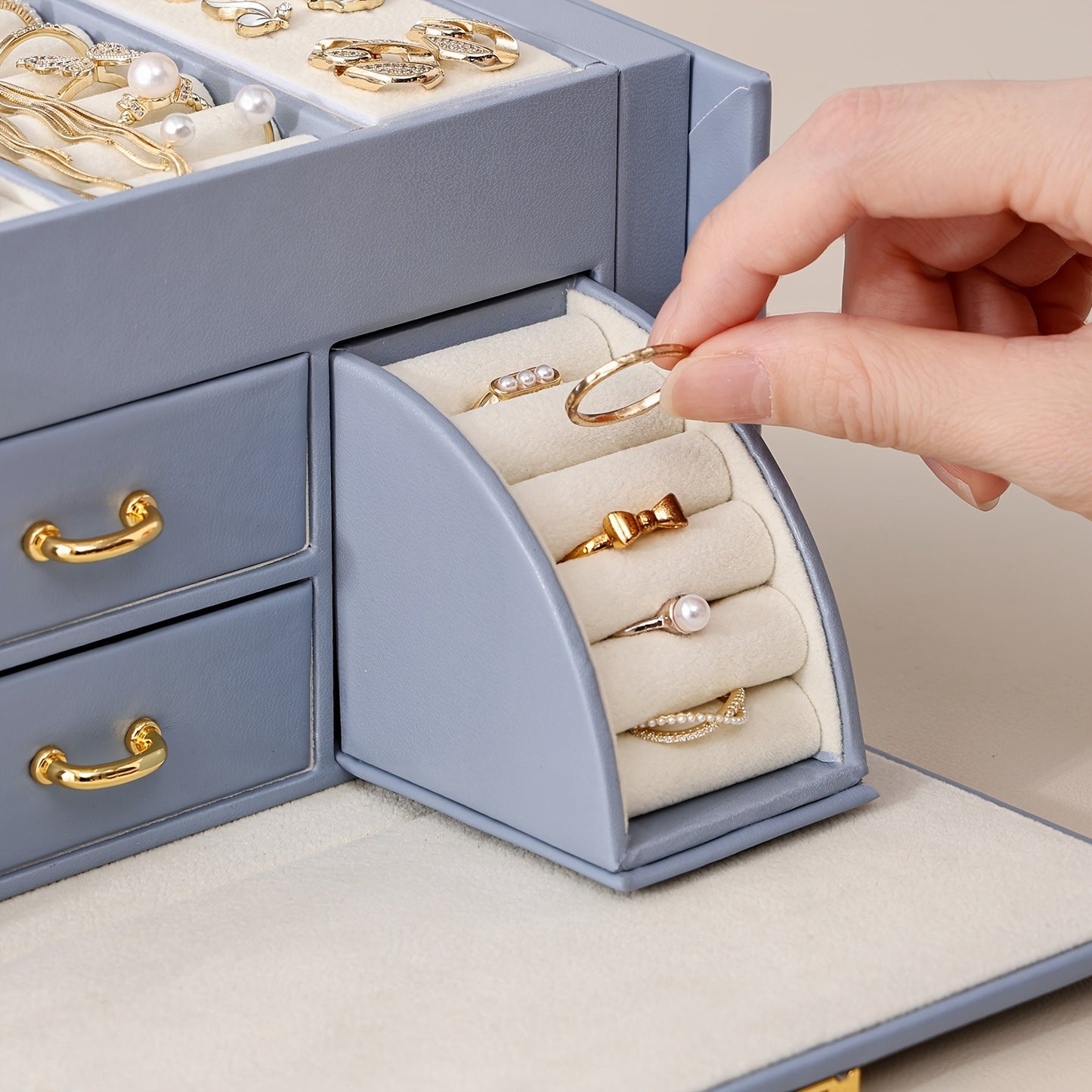 1pcPortable Jewelry Organizer Box with Built-in Mirror, Double Drawer Storage & Key Lock - 6.9" Faux Leather Travel Case for Necklaces, Rings, Earrings, Watches - Multi-Compartment Fabric-Lined Interior
