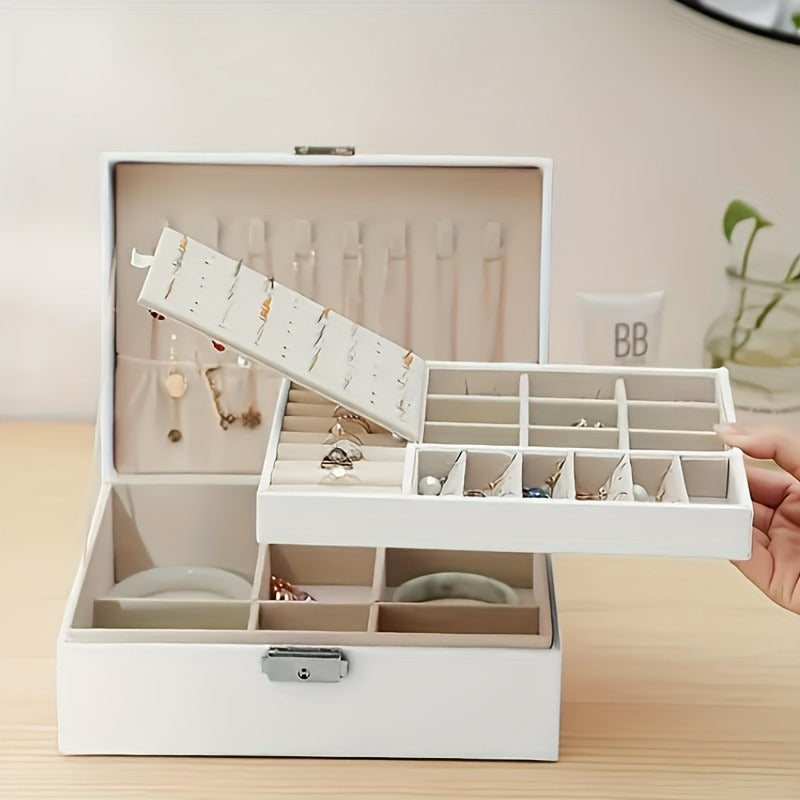 1pc Glam Style Faux Leather Jewelry Box with Key Lock - Double Layer Tabletop Organizer for Women'S Accessories, Multi-Purpose Storage for Earrings, Bracelets, Rings, Necklaces - Cufflink Compartment, Ideal Valentine'S Gift