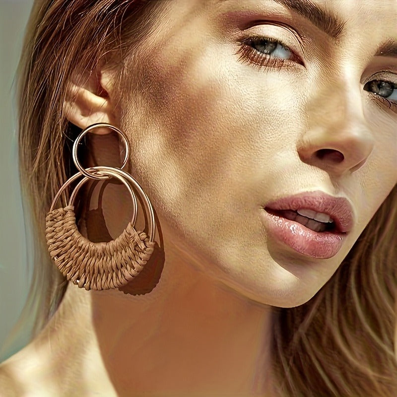 4 Pairs Women's Bohemian Handcrafted Raffia Earrings - Lightweight Earth-Tone Hoops & Dangle Earrings with Beads, All-Season Versatile Accessories for Daily Wear, Travel, Mother’s Day Gifts, Travel Jewelry, Minimalist Jewelry