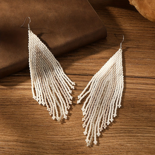 White Beads Tassel Dangle Earrings Bohemian Vacation Style Trendy Holiday Ear Ornaments Female Earrings