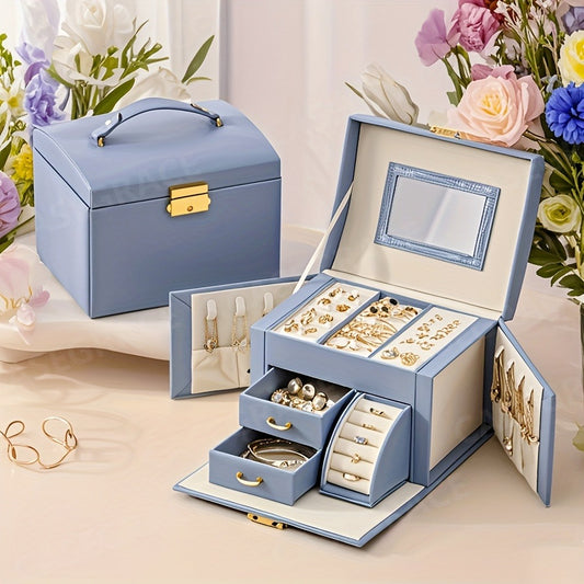 1pcPortable Jewelry Organizer Box with Built-in Mirror, Double Drawer Storage & Key Lock - 6.9" Faux Leather Travel Case for Necklaces, Rings, Earrings, Watches - Multi-Compartment Fabric-Lined Interior