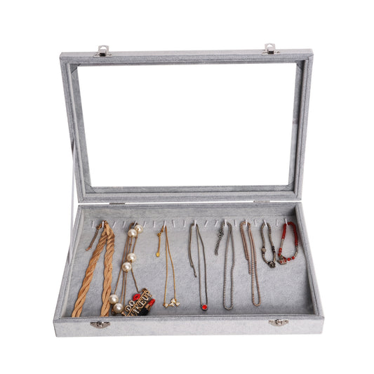 1pc Artistic Polyester Jewelry Organizer Box with Detachable Tray and Clear Glass Lid - Independent, Power-Free, Under 3.2 Cubic Feet Capacity, Necklace, Ring, Earring, Bracelet Display Case