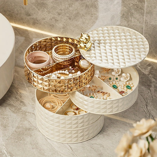 One Rotatable Jewelry Box, Multi-Layered Jewelry Storage Display Case for Hair Accessories, Earrings, Rings, Bracelets, Necklaces Multifunctional Organizer | Bohemian Style Vanity Essentials | Lockable Storage Cabinet, Jewelry Organizer, Jewelry Box