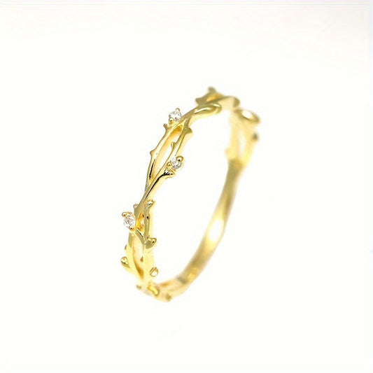S925 Sterling Silver Gold-plated Ring For Women, Japanese Style, Korean Style, Simple, Light Luxury, Elegant Temperament, Fashionable, Retro, Delicate Branches, Forest Style, Literary And Sweet French Style