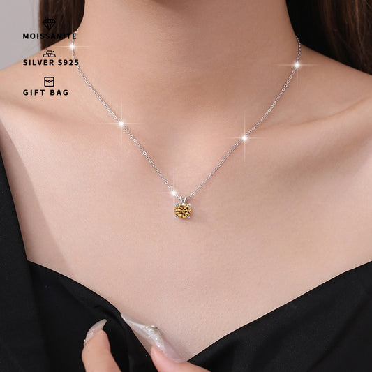 Elegant Moissanite S925 Sterling Silvery Pendant Necklace - Sparkling Round Cut, Yellow-Golden Hue, Perfect for Weddings, Daily Wear & Special Occasions, Ideal Gift for Mother'S Day & Easter