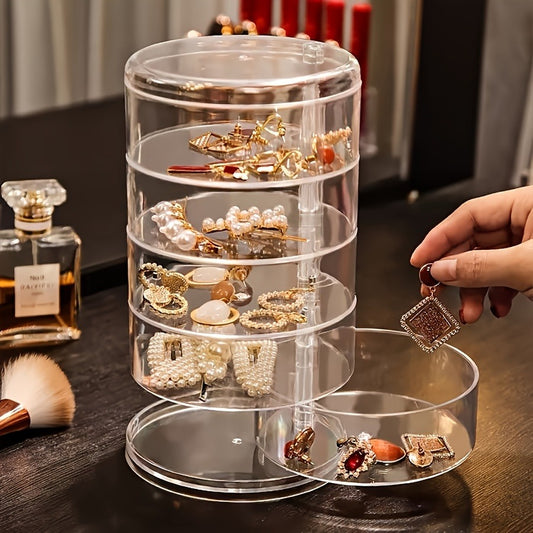 5-Tier Stackable Acrylic Jewelry Organizer Box – Clear Cylindrical Design for Earrings, Rings, Necklaces, Watches & Bracelets – Multifunctional Storage & Display Solution, Jewelry Box