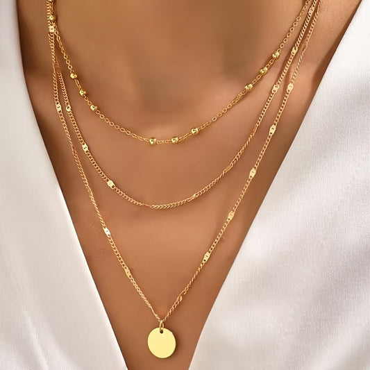 A Set Of 3 Retro Fashion Multi-layer Stacked Round Pendant Women's Necklace Sets