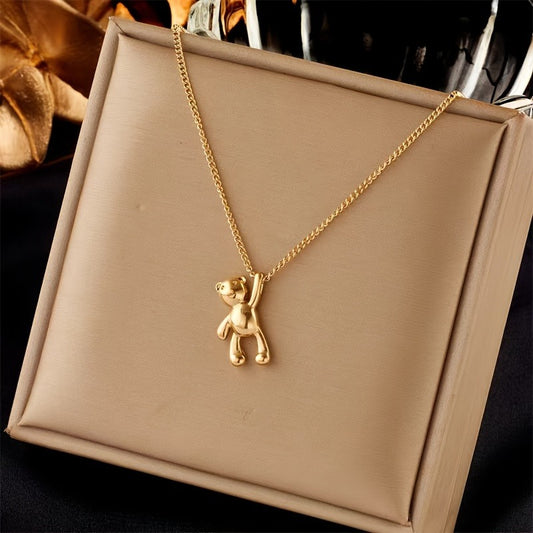 Elegant Gold-Plated Stainless Steel Waving Bear Necklace - Cute French Vintage Style, Minimalist Charm for Daily Wear & Parties