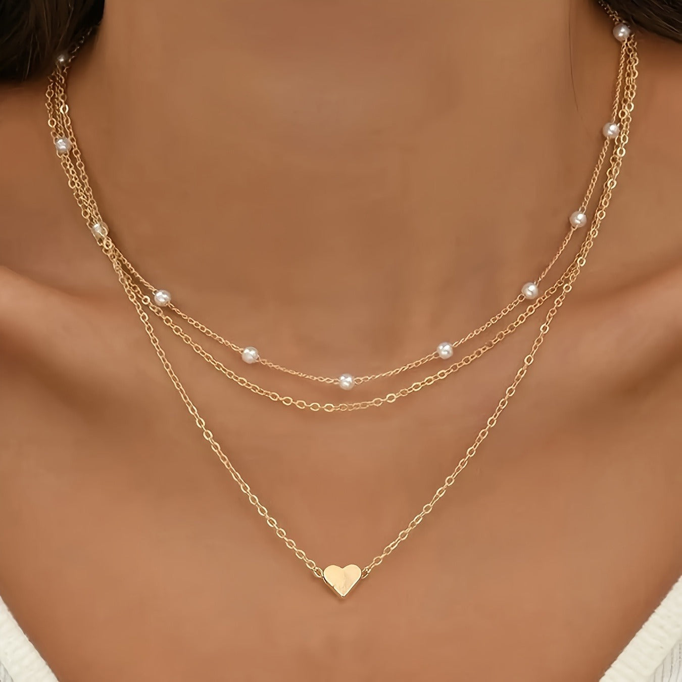 18K Gold Plated Layered Necklace Set with Heart-Shaped Pendant and Imitation Pearl Accents, Ideal for Casual Attire and Holiday Parties, Exquisite, Details, Bohemia Style, Y2K Style