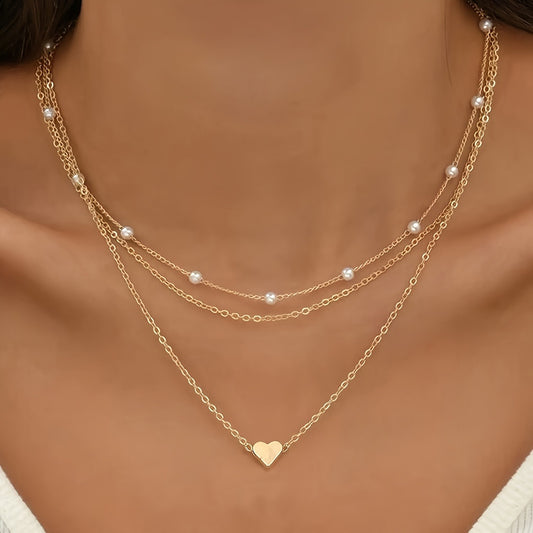 18K Gold Plated Layered Necklace Set with Heart-Shaped Pendant and Imitation Pearl Accents, Ideal for Casual Attire and Holiday Parties, Exquisite, Details, Bohemia Style, Y2K Style