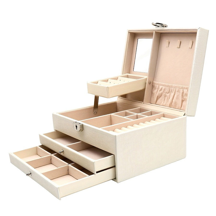 1pc Luxurious Faux Leather Jewelry Box - 3-Layer Organizer with Drawers for Earrings, Rings, Necklaces & Accessories - Elegant Display for Home Organization, Ideal Gift for Girlfriend, Bedroom, Dresser, Vanity