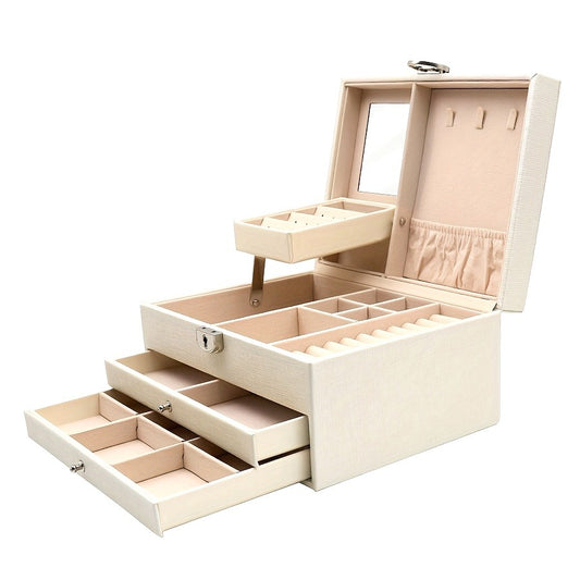 1pc Luxurious Faux Leather Jewelry Box - 3-Layer Organizer with Drawers for Earrings, Rings, Necklaces & Accessories - Elegant Display for Home Organization, Ideal Gift for Girlfriend, Bedroom, Dresser, Vanity