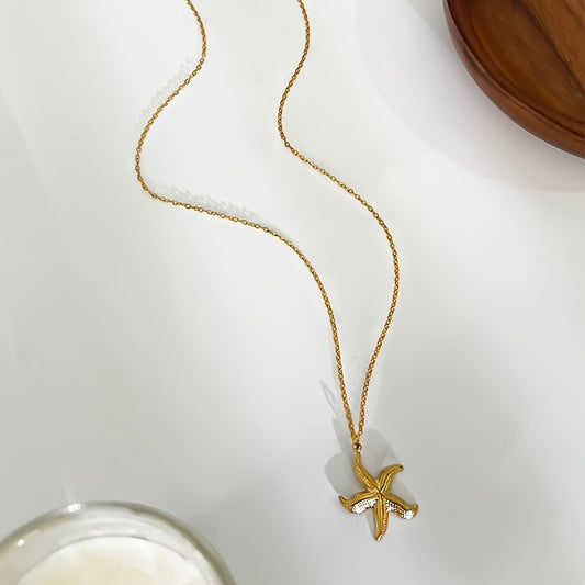 18K Golden-Plated Stainless Steel Starfish & Conch Pendant Necklace - Bohemian Style, Waterproof, Ideal for Daily Wear, All-Season Accessory, Bohemian Jewelry|Elegant Accessory|Durable Allo