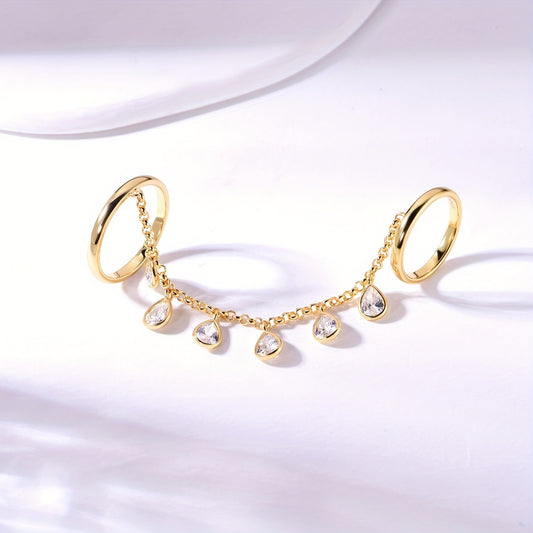 1pc of Fashionable Copper Inlaid Zirconia Stone Finger Ring Horizontal Tassel Chain Women'S Jewelry Wedding Banquet Accessories Wedding Season Gift