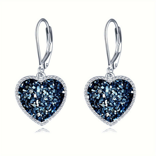 Navy Blue Drusy Heart Earrings Sterling Silver Quartz Leverback Dangle Earrings Fashion Jewelry Gift For Women