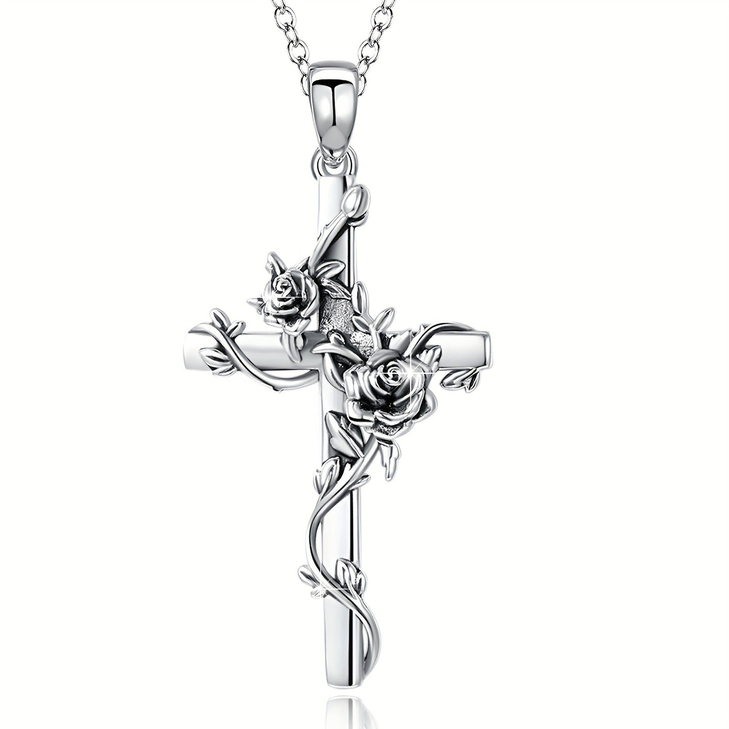 925 Sterling Silvery Rose Crose Pendant Cross Necklace for Women