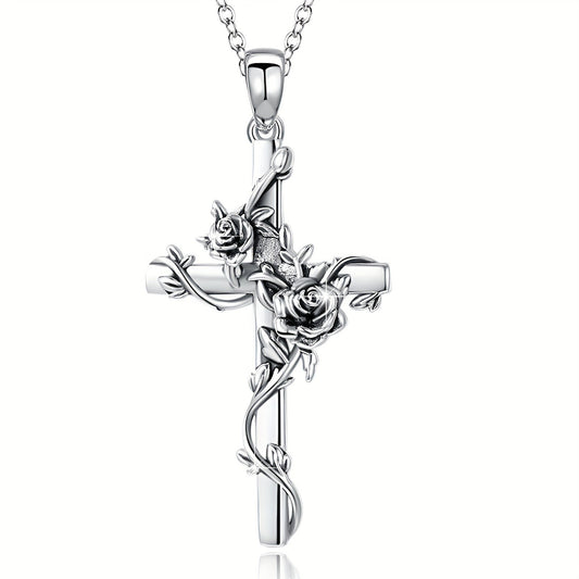925 Sterling Silvery Rose Crose Pendant Cross Necklace for Women