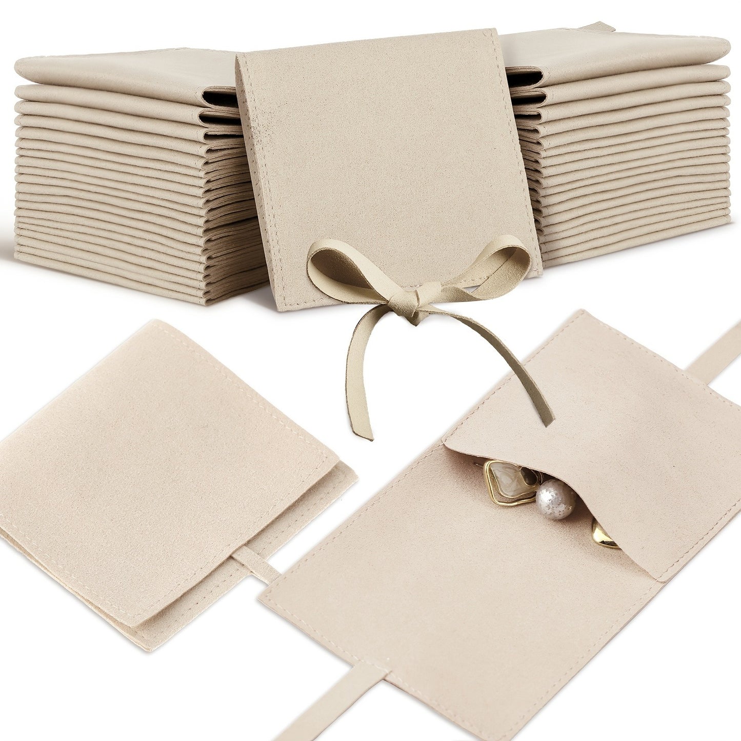 40-Pack Microfiber Jewelry Gift Pouches - Soft, Envelope Style, 8x8cm, with Bow Ties and Dividers for Bracelets, Necklaces, No Power Needed Storage