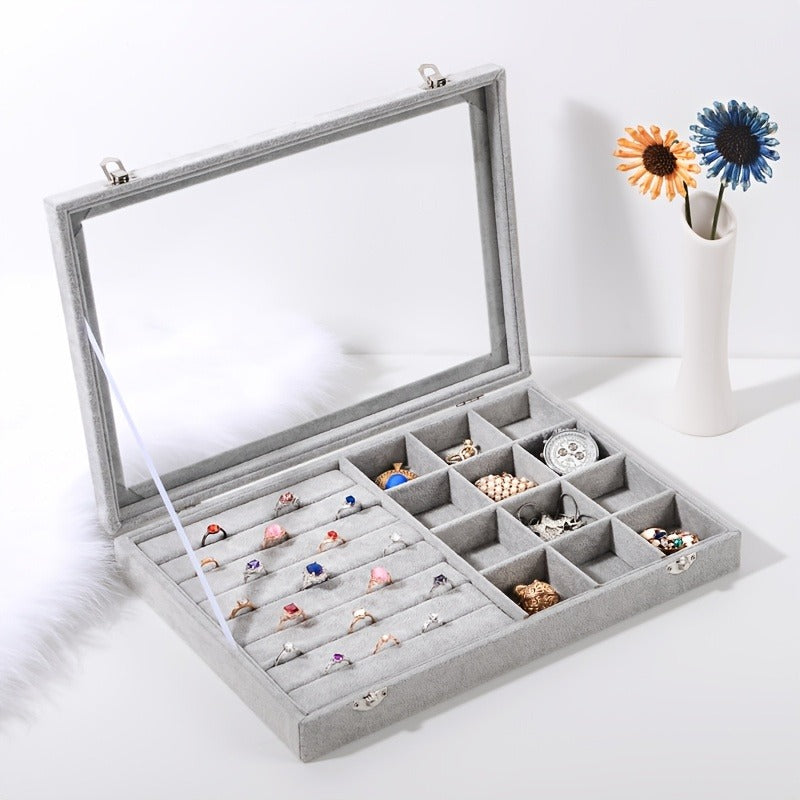 1pc Artistic Polyester Jewelry Organizer Box with Detachable Tray and Clear Glass Lid - Independent, Power-Free, Under 3.2 Cubic Feet Capacity, Necklace, Ring, Earring, Bracelet Display Case