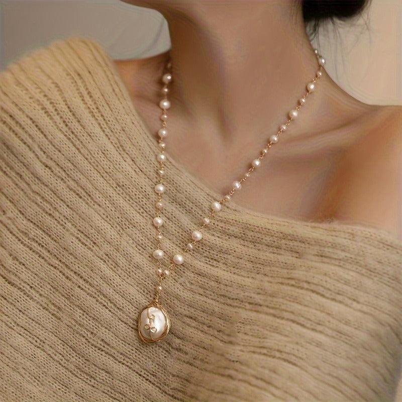 Elegant Vintage Baroque Pearl Necklace for Women - Versatile Clavicle Chain with Pendant, Ideal for Parties & Valentine'S Day Gifts, All-Season Jewelry, Pearl Necklace