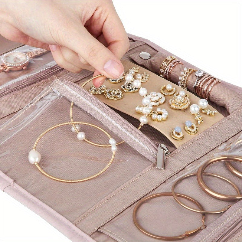 1pc Travel Jewelry Storage Box, Folding Jewelry Storage Roll Storage Bag For Necklaces, Earrings, Rings, Bracelets, Pins, Brooches, Etc., Jewelry Bag Storage Roll, Portable Travel Essentials, Jewelry Rolls