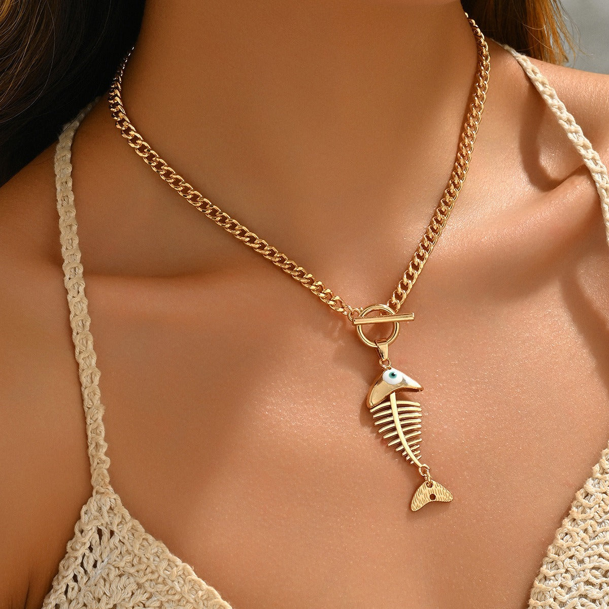 Fashion Hip Hop Fish Bone Pendant Necklace for Xiang Jewelry, Niche And Personalized Outfit, Collarbone Chain