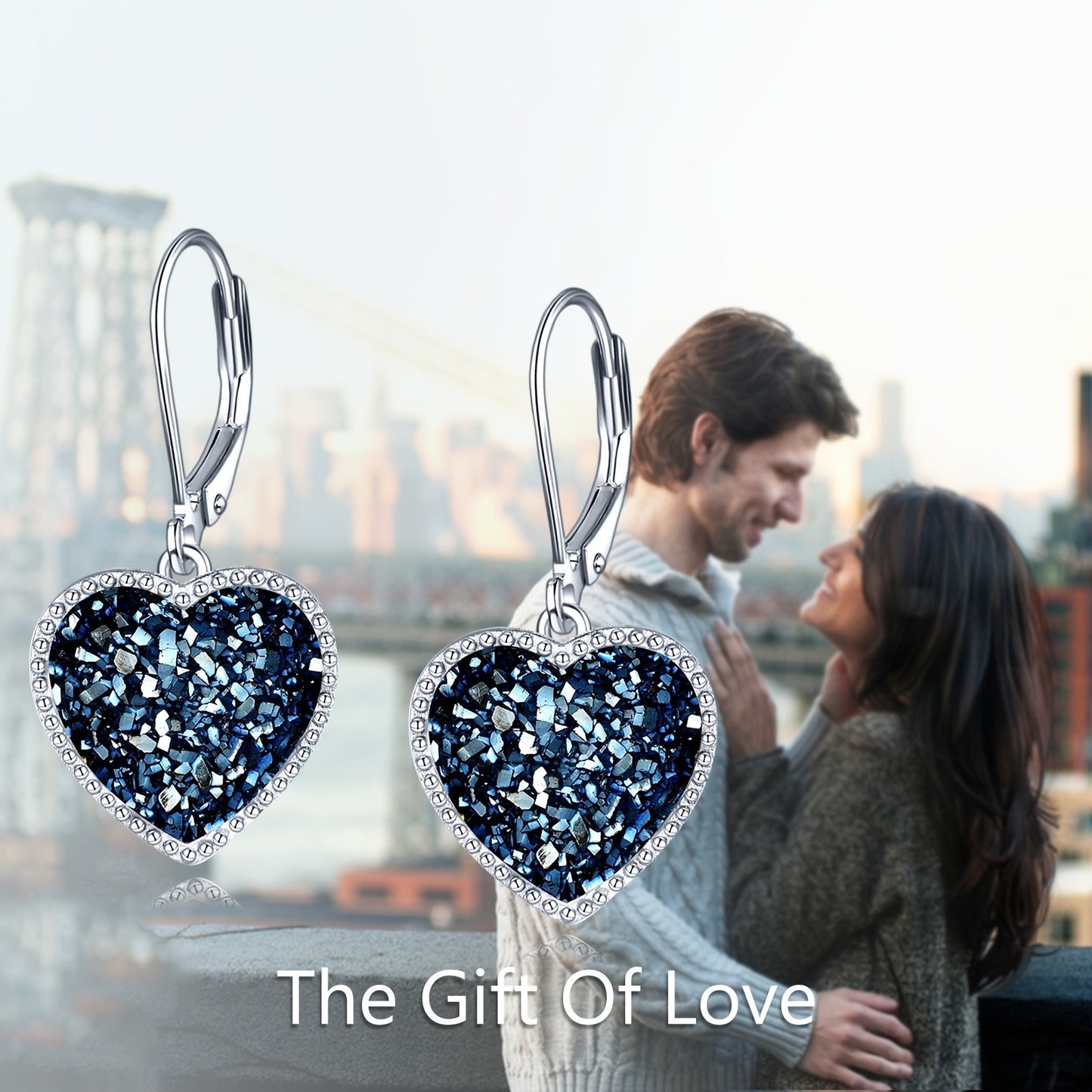 Navy Blue Drusy Heart Earrings Sterling Silver Quartz Leverback Dangle Earrings Fashion Jewelry Gift For Women