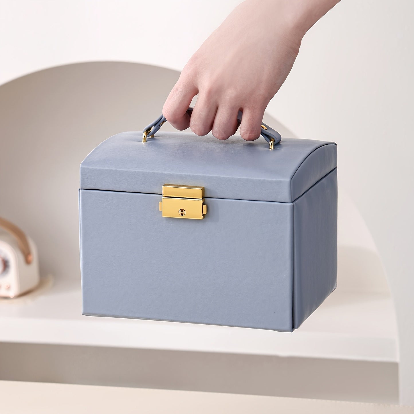 1pcPortable Jewelry Organizer Box with Built-in Mirror, Double Drawer Storage & Key Lock - 6.9" Faux Leather Travel Case for Necklaces, Rings, Earrings, Watches - Multi-Compartment Fabric-Lined Interior