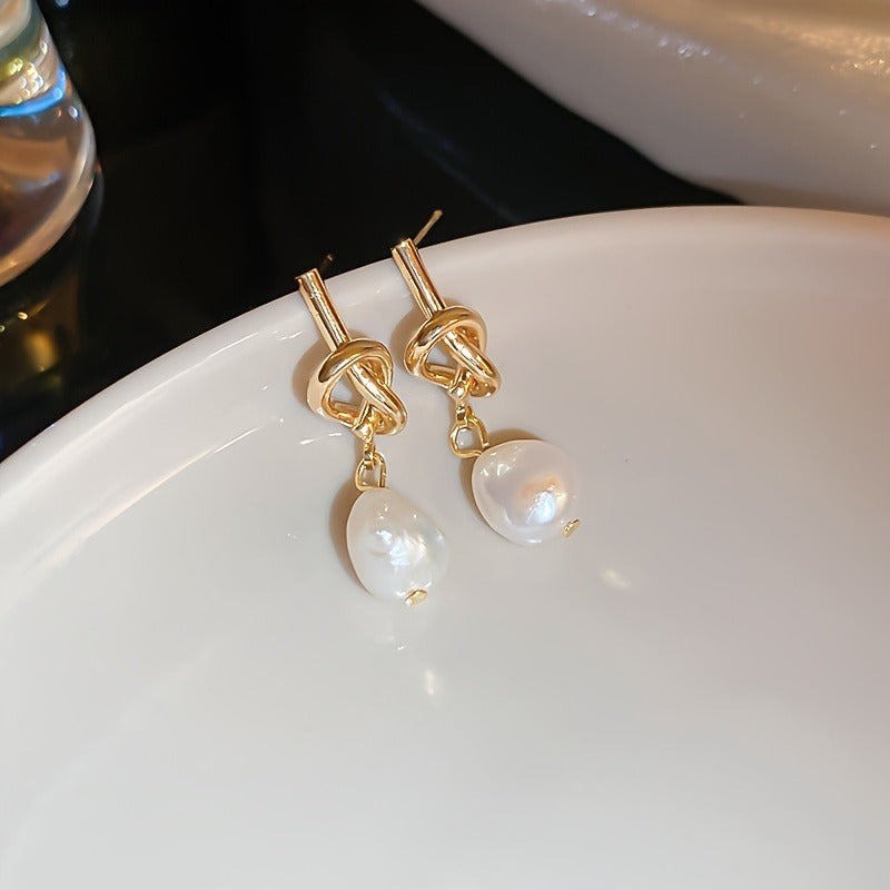 Freshwater Pearl Copper Knotting Earrings - 1 Pair High-grade Design Fashion Temperament for Ladies Daily Commute Date Banquet Wear, Mother's Day Gift