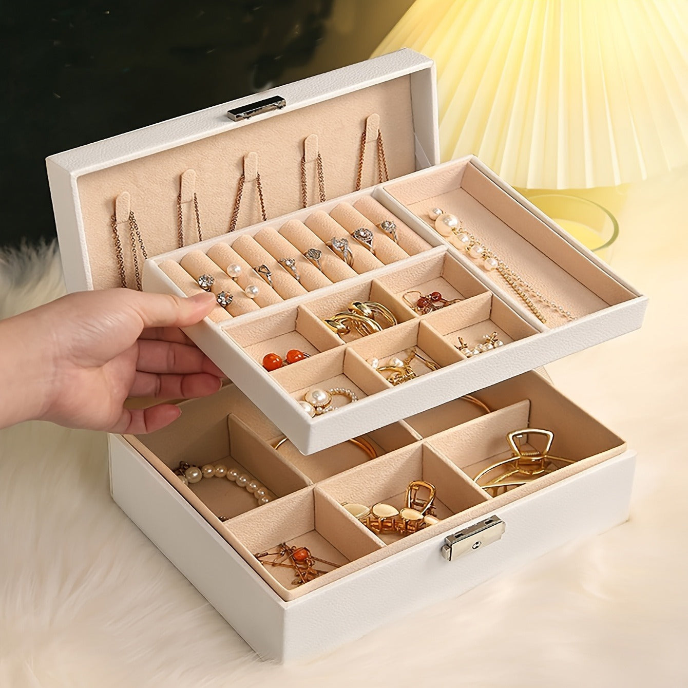 1pc Glam Style Faux Leather Jewelry Box with Key Lock - Double Layer Tabletop Organizer for Women'S Accessories, Multi-Purpose Storage for Earrings, Bracelets, Rings, Necklaces - Cufflink Compartment, Ideal Valentine'S Gift