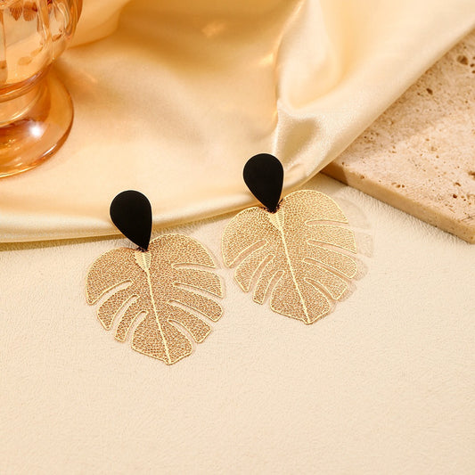 1 Pair Vintage Elegant Leaf Design Zinc Alloy Earrings with Stainless Steel Post, Waterdrop Cut-out Metal Dangle Earrings for Daily and Gift Occasions - All Seasons Jewelry