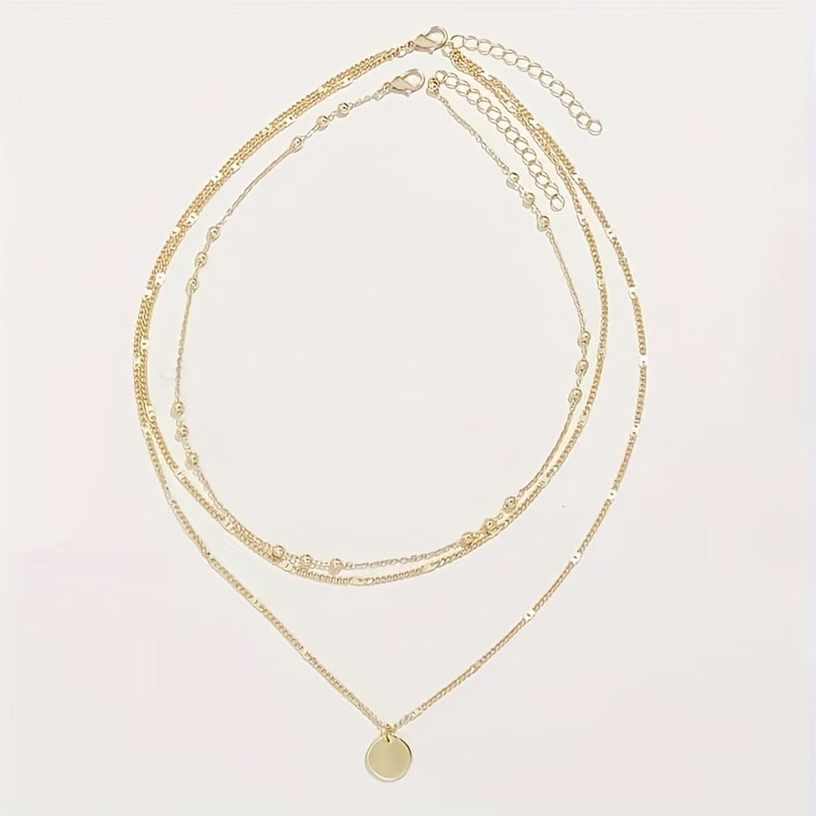 A Set Of 3 Retro Fashion Multi-layer Stacked Round Pendant Women's Necklace Sets
