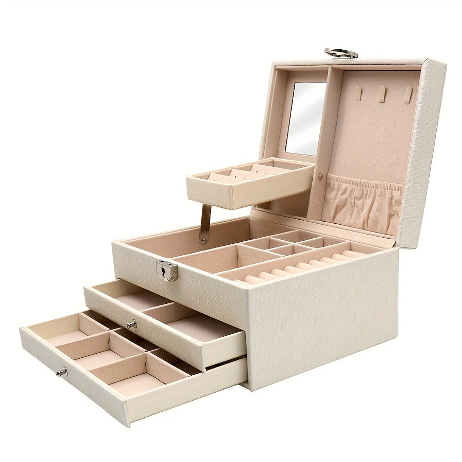 1pc Luxurious Faux Leather Jewelry Box - 3-Layer Organizer with Drawers for Earrings, Rings, Necklaces & Accessories - Elegant Display for Home Organization, Ideal Gift for Girlfriend, Bedroom, Dresser, Vanity