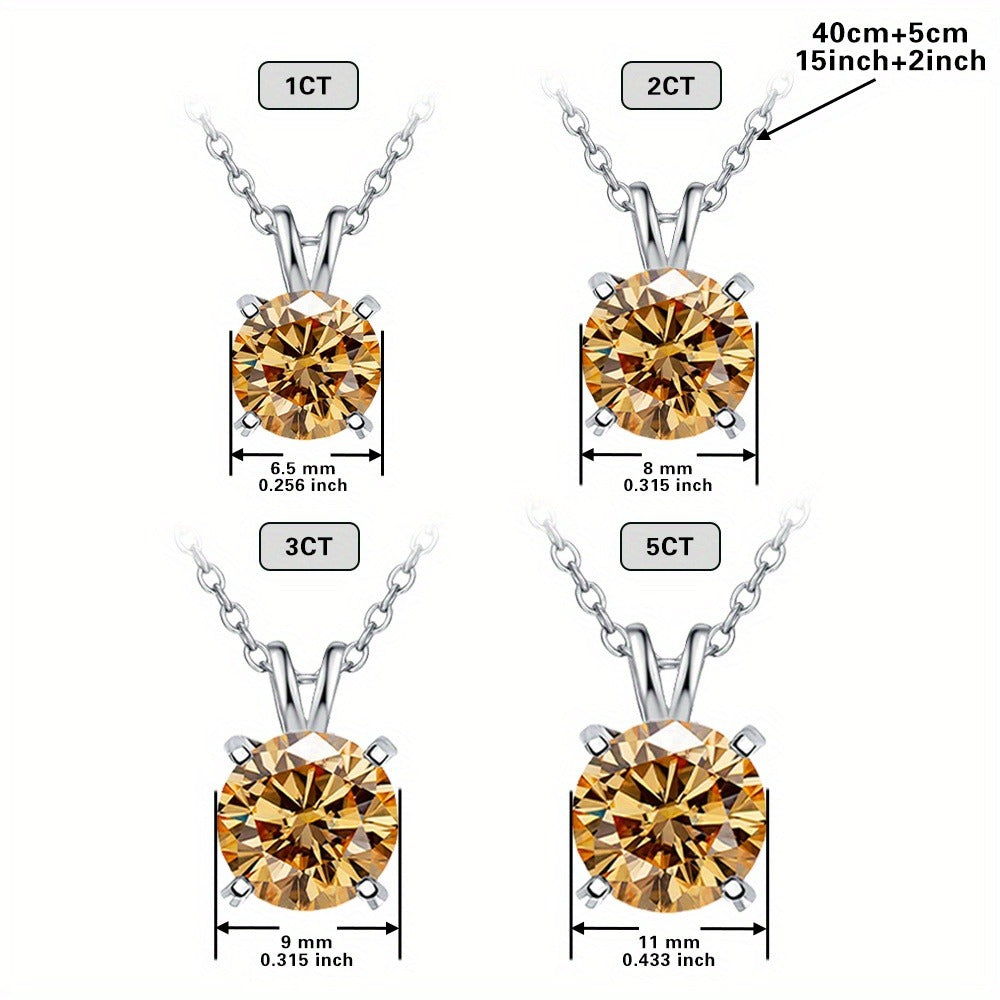 Elegant Moissanite S925 Sterling Silvery Pendant Necklace - Sparkling Round Cut, Yellow-Golden Hue, Perfect for Weddings, Daily Wear & Special Occasions, Ideal Gift for Mother'S Day & Easter